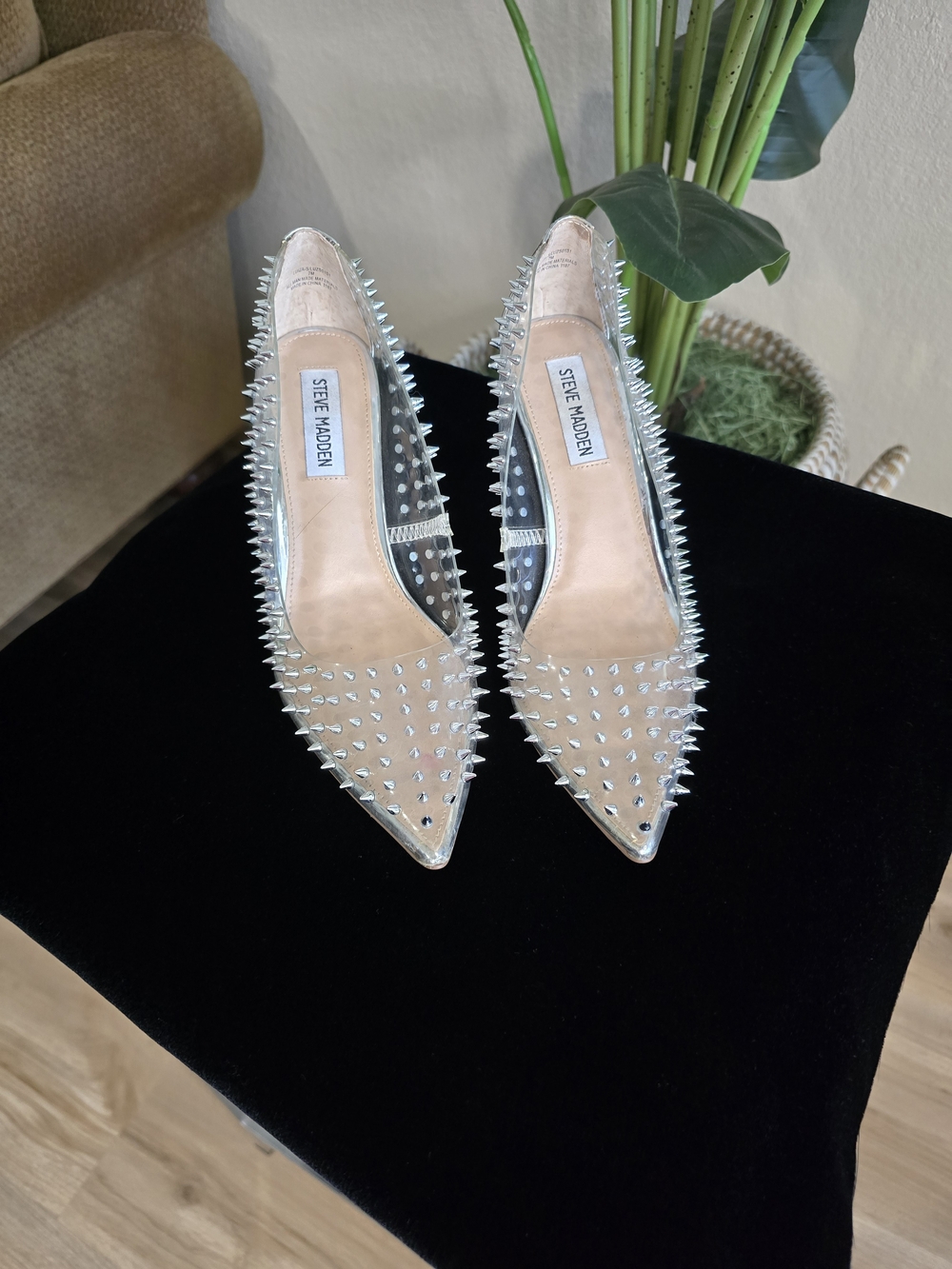 Steve Madden Clear Pointed-Toe Heels with Silver Spikes